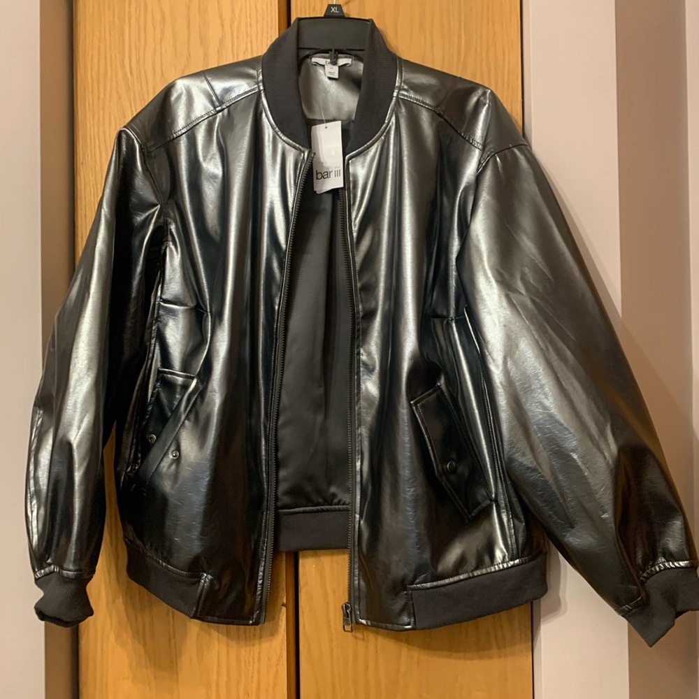 Gray Faux Leather Bomber Jacket